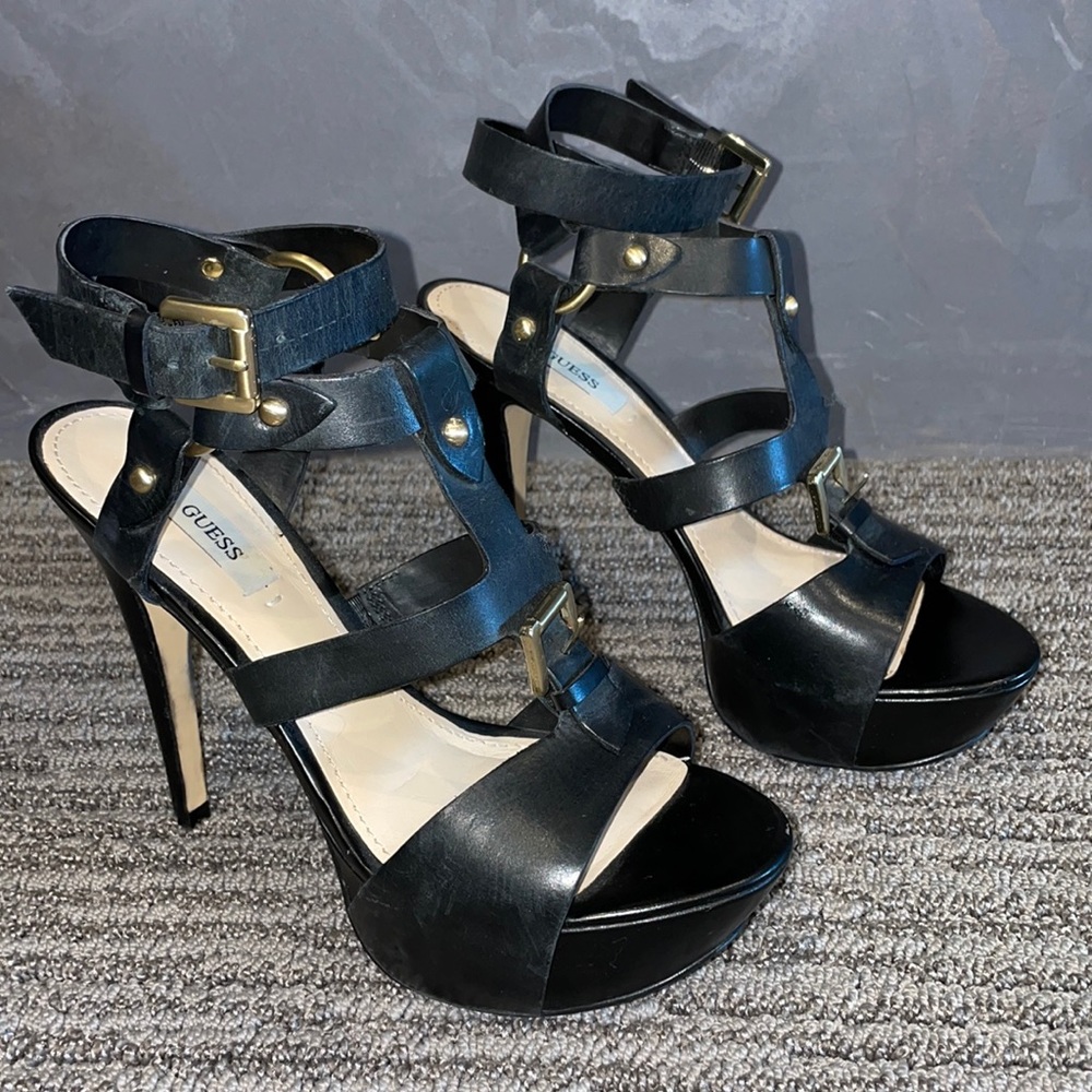 Guess black strappy platform heels 7